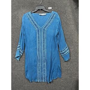 Buc-ee's Blouse Womens S/M Blue Embroidered V Neck 3/4 Sleeve Boho Tunic Top